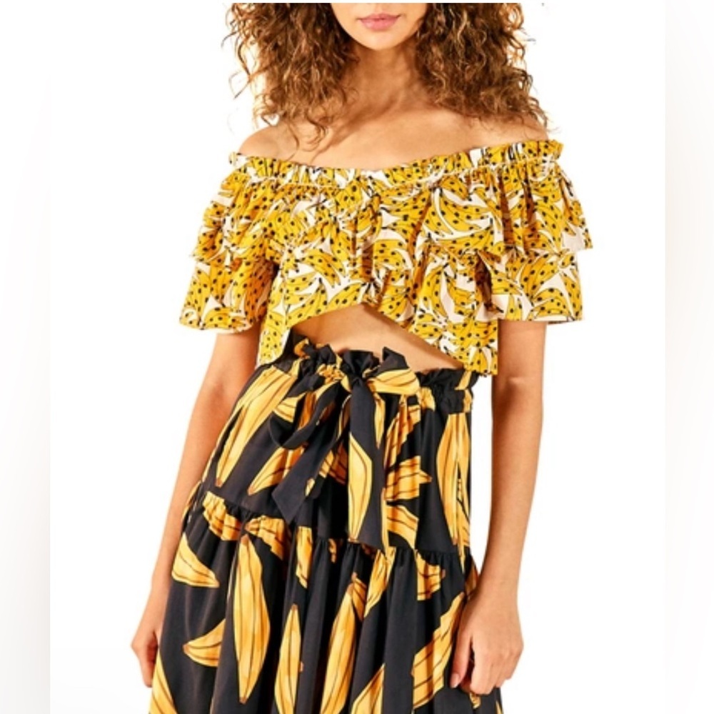 FARM Rio Yellow Banana Print Off-Shoulder Ruffle Crop Top